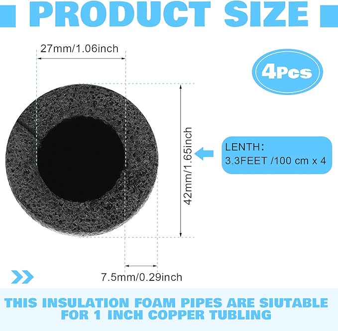 Amylove 4 Pcs 3.3 Feet Foam Pipe Insulation Foam Tube Insulating Water Pipe Pool Swim Noodles Heat Preservation Pipes Covers for Tubing Outdoor Freeze Protection(Black, 1 Inch)