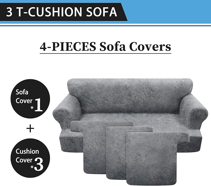4-Piece T Cushion Sofa Slipcover - Leather Look Couch Cover for 3-Cushion Furniture - Stretch Protector With Individual Seat Covers - Washable, Light Grey