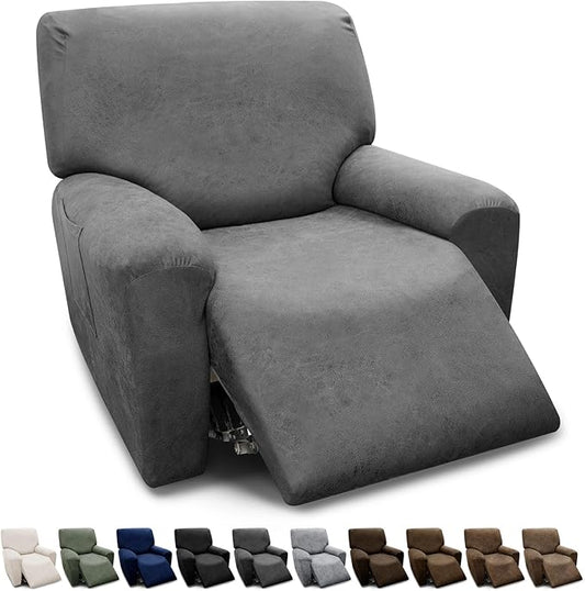 Chair Covers 4-Pieces Recliner Chair Covers 1 Seater Cover for Recliner Chair Leather Look Recliner Slipcovers with Pockets Spandex Fabric Furniture Covers(XL Recliner, Grey)