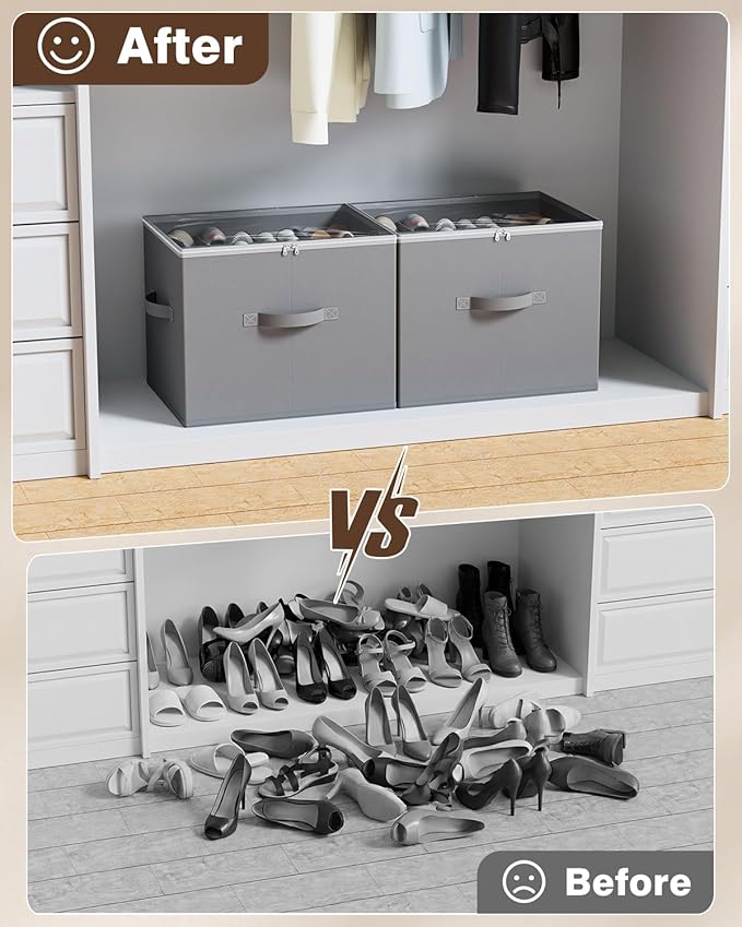 HOUSE AGAIN Shoe Organizer for Closet, Shoe Storage Organizer with Wheels, Foldable Shoe Storage Box with Adjustable Dividers and Clear Cover, Reinforced Handles, Fits up to 16 Pairs, Gray
