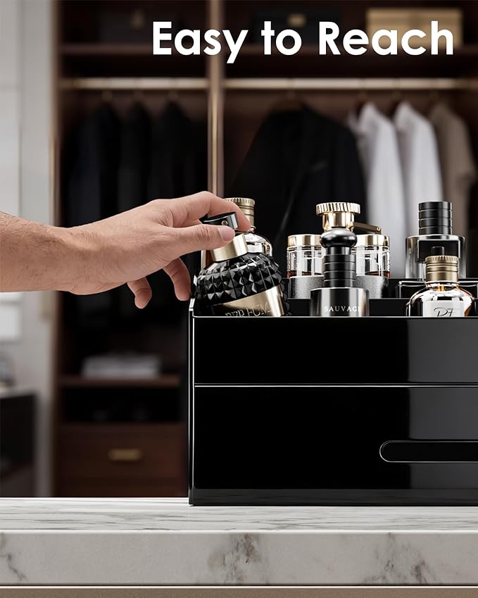 ProCase Cologne Organizer for Men with Drawer, Acrylic Perfume Holder & Bathroom Countertop Organizer for Men & Women, Dresser Vanity Storage for Cologne, Perfume and Skincare -1 Layer, Cup