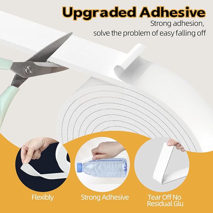 Foam Weather Stripping Door Seal,1 Inch W x 1/17 Inch T x 33 Feet White Window Sealing Tape，Single-Sided Self-Adhesive Insulation Sealing Strip