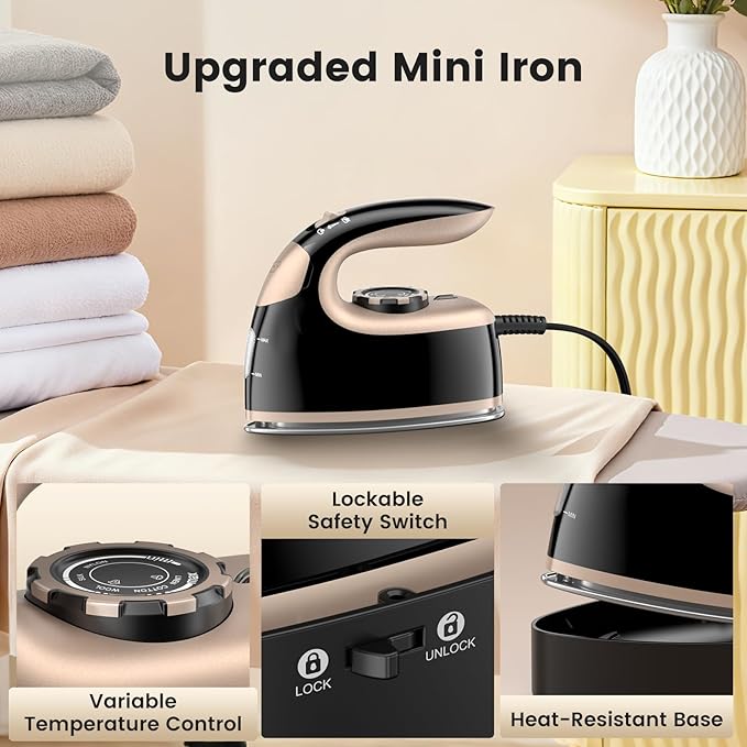 MIYOKO 2-in-1 Mini Travel Steam Iron, 1000W Portable Small Iron for Clothes, with Non-Stick Soleplate, 90ML Water Tank, 25G/Min High Speed Steams, 110-120V for Home Travel Use, Black & Gold