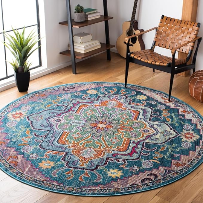 SAFAVIEH Crystal Collection 8' Round Teal/Rose CRS501T Boho Chic Oriental Medallion Distressed Non-Shedding Area Rug