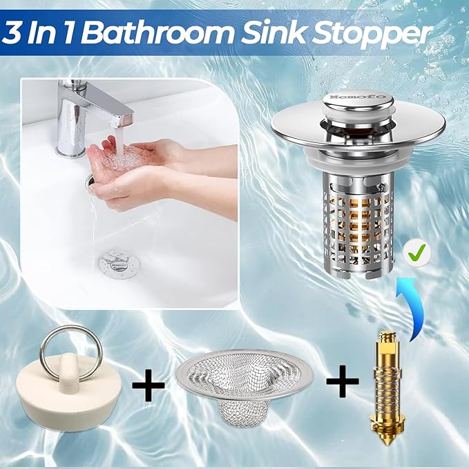 Bathroom Sink Drain Strainer, Stainless Steel Pop-up Strainer Basket Hair Catcher with Removable Basket, Brass Bullet Core, Universal Fit 1.1-2.36 Inch (4PCS)