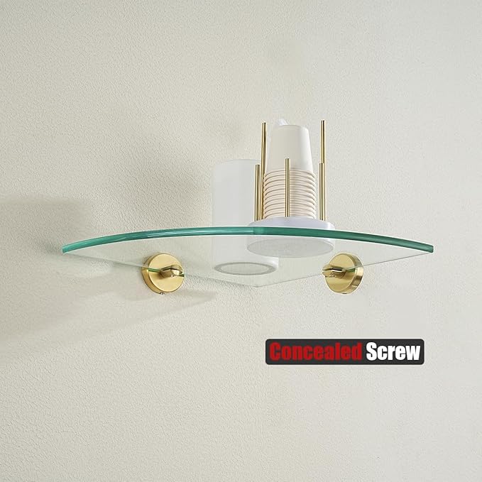 JQK Corner Glass Shelf, Brushed Gold Bathroom 304 Stainless Steel Shower Triangle Floating Wall Shelf, 10 x 10 Tempered Glass, 2 Pack TGS190L10-BG-P2