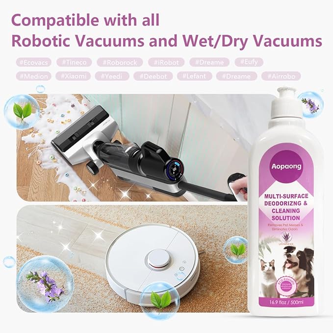 Multi-Surface Floor Cleaning Solution, Lavender Scent, Compatible with Roborock, eufy, Dreame, iRobot Roomba Robot Vacuums and Mops, Cordless Wet/Dry Vacuums and WetJet Mops, 16.9 fl oz ×2