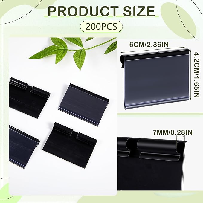 Tatuo 200 Pcs Reusable Plastic Wire Shelf Label Holders, Price Card Sign for Pantry Retail Supermarket Merchandise Shopping Mall Shop Ticket Display Holder Clip on Design, 2.36" L x 1.65" H (Black)