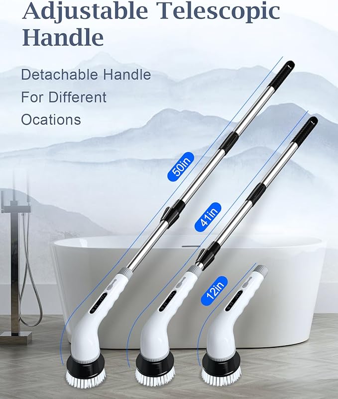 Electric Spin Scrubber, Shower Scrubber Cordless Cleaning Brush with 8 Replaceable Brush Heads and Squeegee，Adjustable Extension Handle 2 Speeds Electric Cleaning Brush for Bathroom, Tub, Tile，Kitchen