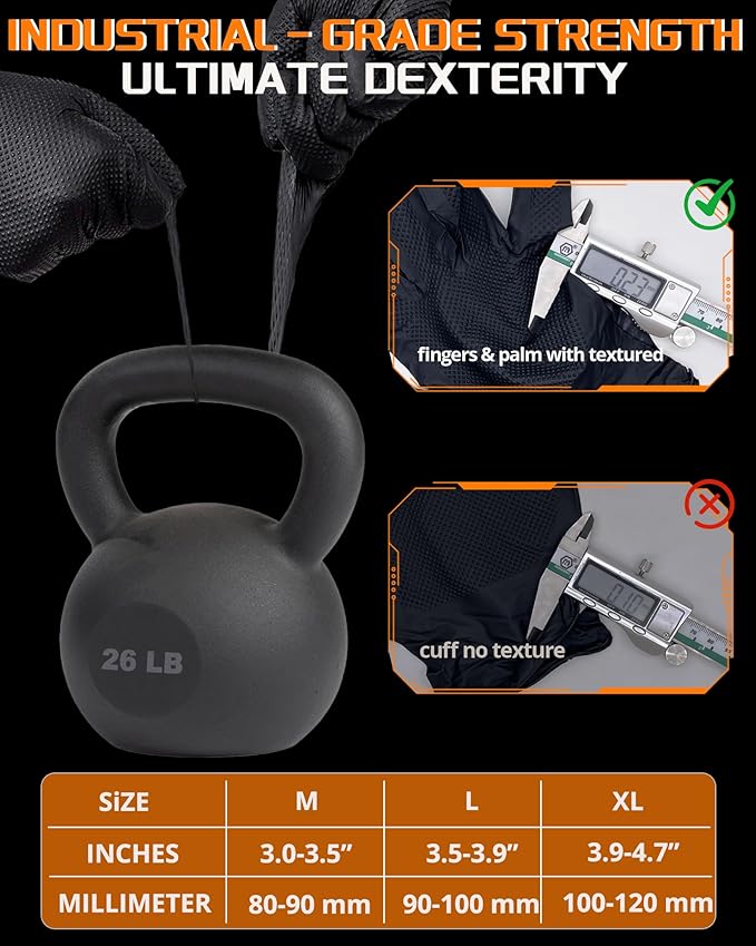 wcy 9 Mil Heavy Duty Black Nitrile Gloves,Raised Diamond Texture Grip,Industrial Mechanic Rubber Gloves Disposable Latex Free Chemical Resistant Guantes for Work,Cooking,Food Safe - Large,80Count