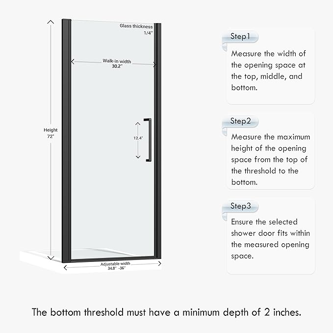 Frameless Pivot Shower Door 34.8-36" W X 72" H, 1/4" (6mm) Clear SGCC Tempered Glass, Hinged Pivot Swing Shower Door, Reversible Installation, Easy to Clean, Matte Black