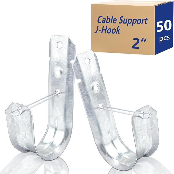 SIHAI (50 Packs 2” Inch J-Hooks, UL Certified Heavy-Duty Cable Support Hooks for Hanging CAT6/6A, Fiber Cable Management and Low Voltage Wiring (with Retainer Clip)