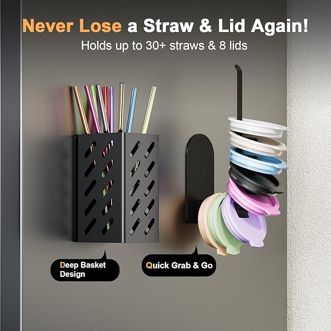 2-Pack Magnetic Stanley Cup Holder with Tumbler Lid & Straw Organizer for Full Stanley 30/40 oz Tumblers - Stores Bottle, Lid & Straw on Fridge/Iron - Removable
