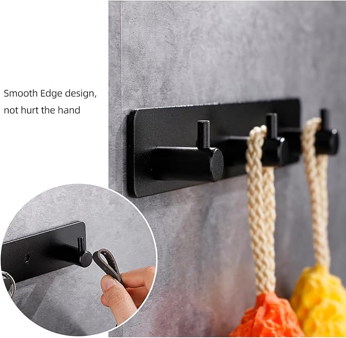 Adhesive Bathroom Black Hook Rail, 4 Matte Black Wall Key Hooks Rack Hanger Towel Robe Stick Door Hooks for Bathroom Toilet Entryway Hallway Kitchen Wall Mounted