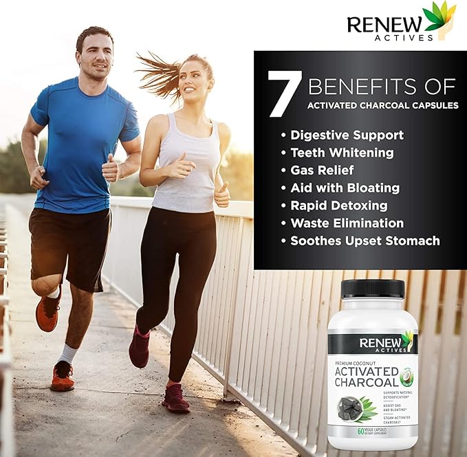 Renew Actives Activated Charcoal Supplement 1100MG per 2 Capsules - Digestive Support & Teeth Whitening Formula, No Artificial Ingredients - Made in Canada - 60 Capsules