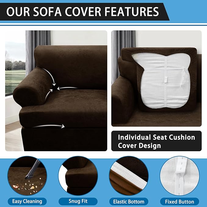 3-Pieces T Cushion Sofa Slipcovers Leather Look Couch Cover for 2 Cushion Couch Furniture Protector Stretch Sofa Cover with 2 Individual T Cushion Seat Covers Washable, Coffee
