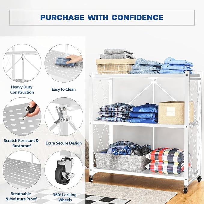 3-Tier Foldable Storage Shelf with Wheels | Metal Rack Collapsible Shelving Display | Rolling Cart for Books Kitchen Storage Shelves | Pantry & Closet Organizer | Office Room Decor