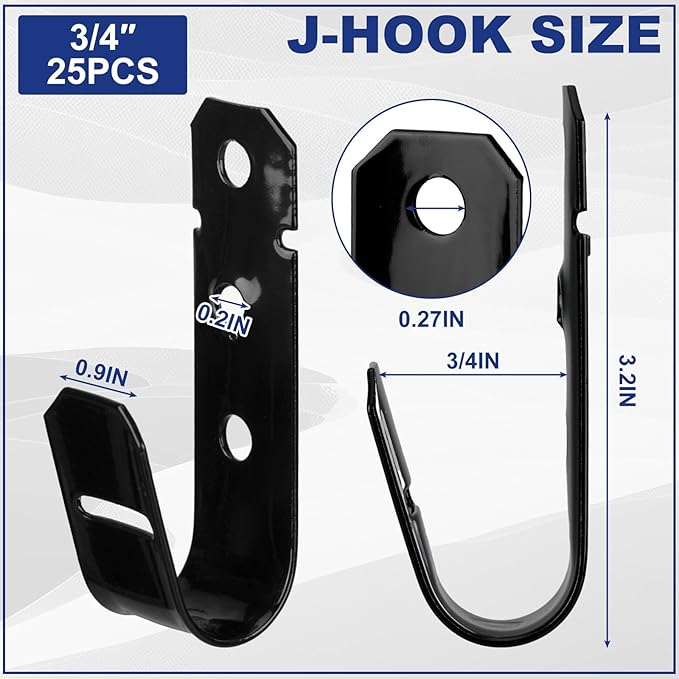 Zonon Black Cable Support J Hooks for Hanging Heavy Duty Metal J Hook for Cable and Wire Management Galvanized Steel(3/4 Inch)