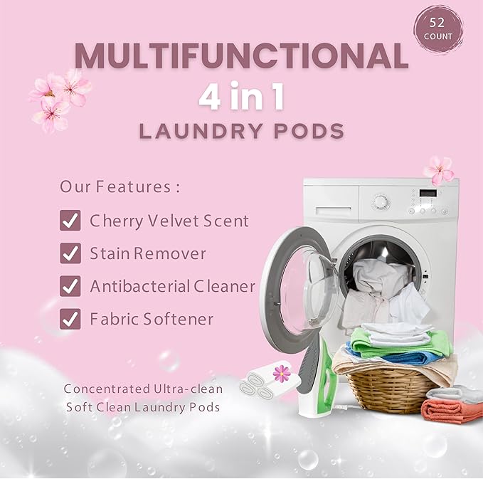 4-in-1 Laundry Pods, Cherry Velvet Scent - Stain Remover, Fabric Softener, Fresh Scent & Deep Clean, 52 Count