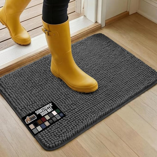 GORILLA GRIP SoakSTOPPER Dog Door Mat, 30x20 Machine Washable Rug Absorbent Doormat Captures Moisture Mud Dirt, Quick Dry Soft Chenille Entryway Rugs Indoor Entrance Mats for Dog Paws, Charcoal