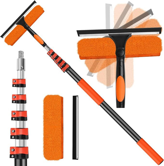 30FT High Window Cleaning Kit with Pole,2 in 1 Window Squeegee for Window Cleaning,5-24FT Professional Window Clean Pole Kit Include Replacement,180°Rotatable Squeegee for Indoor/Outdoor High Windows