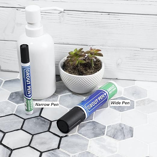 Grout Pen Tile Paint Marker: Black 2 Pack with Extra Tips (Narrow, 5mm) & Large Black (Wide, 15mm Tip) - Waterproof Grout Colorant and Sealer Pen to Renew, Repair, and Refresh Tile Grout