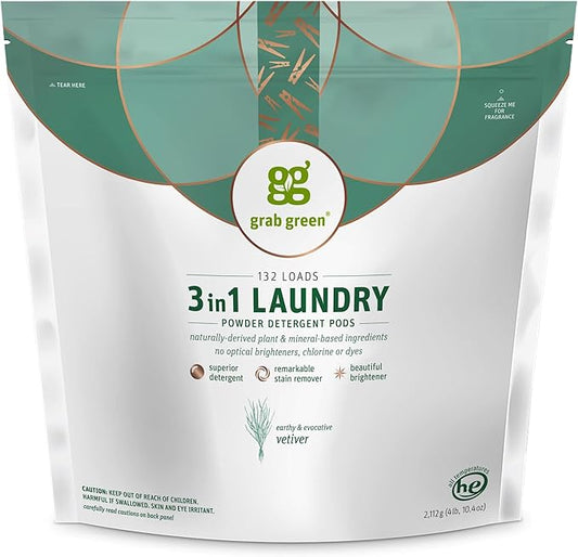 Grab Green 3-in-1 Laundry Detergent Pods, Vetiver Scent, Plant and Mineral Based, Superior Cleaning Power, Stain Remover, Brightens Clothes, White, 132 Count