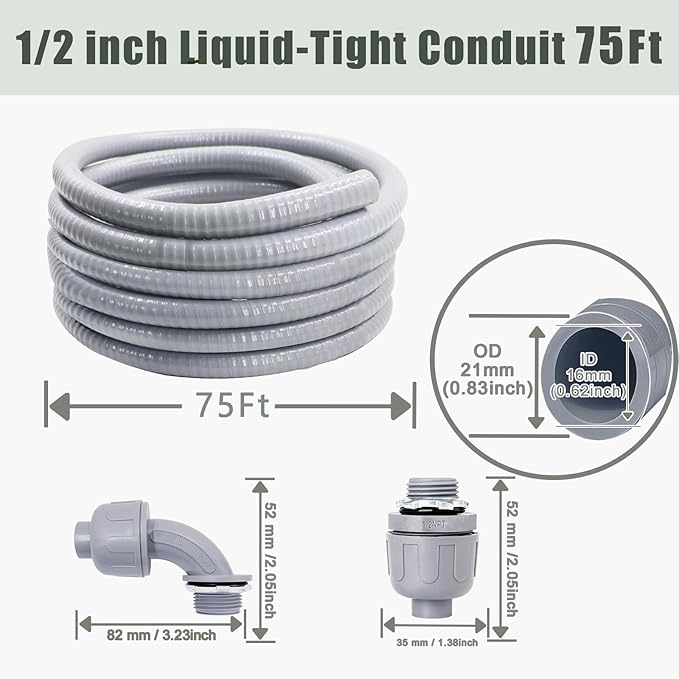 Liquid-Tight Conduit and Connector Kit - 1/2 Inch 75 FT Non Metallic Liquid Tight Electrical Conduit with 5 Straight and 5 Angle Fittings