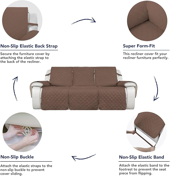 PureFit Water Resistant Reversible Sofa Covers for Reclining Sofa 3 Seat - Non Slip Split Recliner Couch Cover for 3 Cushion Couch, Washable Furniture Protector for Kids, Dogs (3 Seat, Brown/Beige)