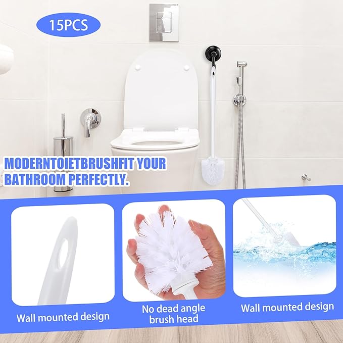 15 Pcs Toilet Brush, 14.2 Inch Plastic Soft Bristle Long Non-Slip Handled Cleaning Scrubber Brush with Hook Hole for Bathroom Cleaning Supplies