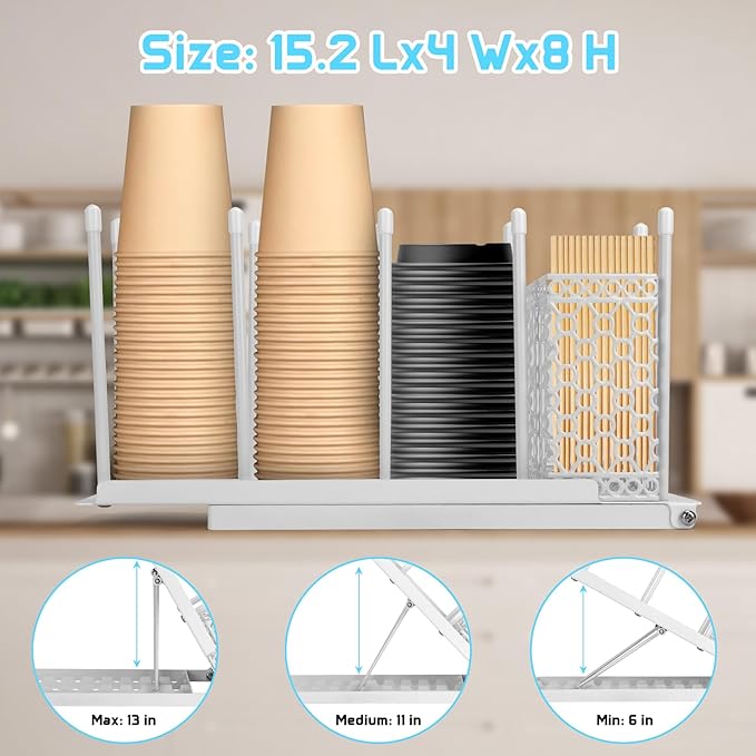 Coffee Cup Holder, Adjustable Cup Dispenser Lid Organizer Rack, 4 Compartment Disposable Paper Plastic Cup and Lid Dispenser with Straw Storage Basket for Coffee Bar Station Breakroom Countertop White