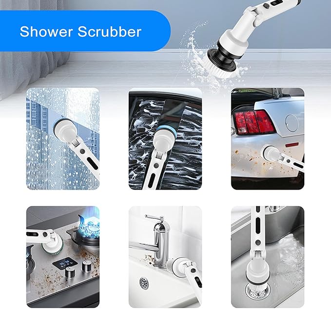 YUYTE Electric Spin Scrubber,Cordless Cleaning Brush with 9 Replaceable Heads,Adjustable Extension Handle, 90 Mins Long Lasting Power for Bathroom, Shower, Tub, Tile, Floor, Car (White)
