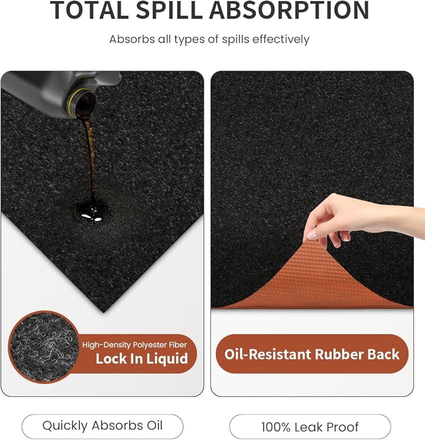 2 Pack Heavy Duty Oil Spill Mat, Garage Floor Mat, 63" x 31" Waterproof Rubber Backing Oil Absorbent Pads, 1/5" Thick Reusable Under Auto Repair Mat for Garage Floor Surface Protection-Black