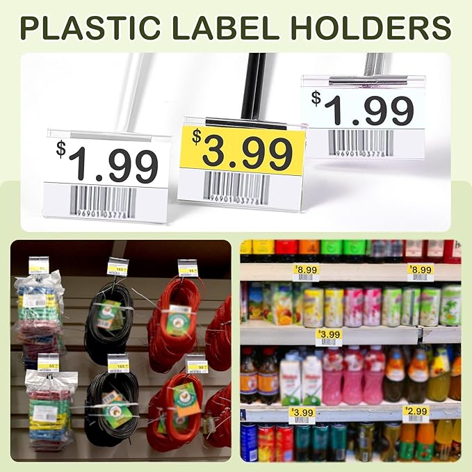 Tatuo 100 Pcs Reusable Plastic Wire Shelf Label Holders, Price Card Sign for Pantry Retail Supermarket Merchandise Shopping Mall Shop Ticket Display Holder Clip on Design, 2.36" L x 1.65" H (Clear)