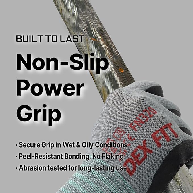 DEX FIT Nylon Work Gloves FN320, 3D Comfort Fit, Power Grip, Lightweight & Breathable, Touchscreen, Gardening, Yard Work, Warehouse, Delivery Driver Gloves; Grey 8 (M) 3 Pairs