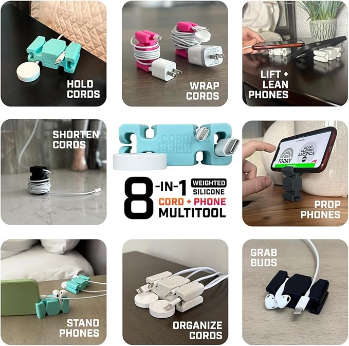CordBrick Stocking Stuffers for Adults Cord Management Weighted Cord Holder Cable Wrap Phone Stand - Multiuse Gadget Organizer for Nightstand, Desk. Gift for Men, Durable Silicone. 4pk Black