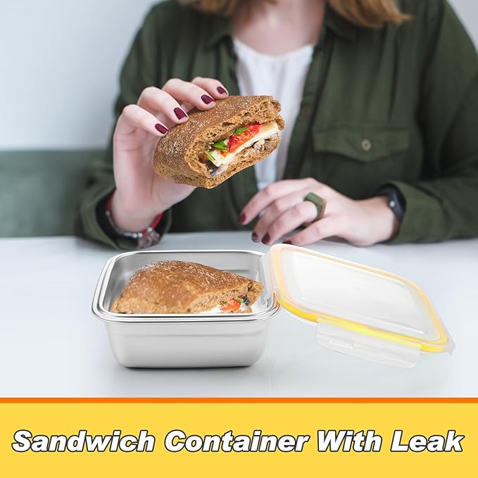 4 Pack Stainless Steel Sandwich Containers with Lids 25.4 oz Metal Food Container for Lunch Boxes with Airtight Silicone Seal for Sandwiches and Snacks(Yellow)