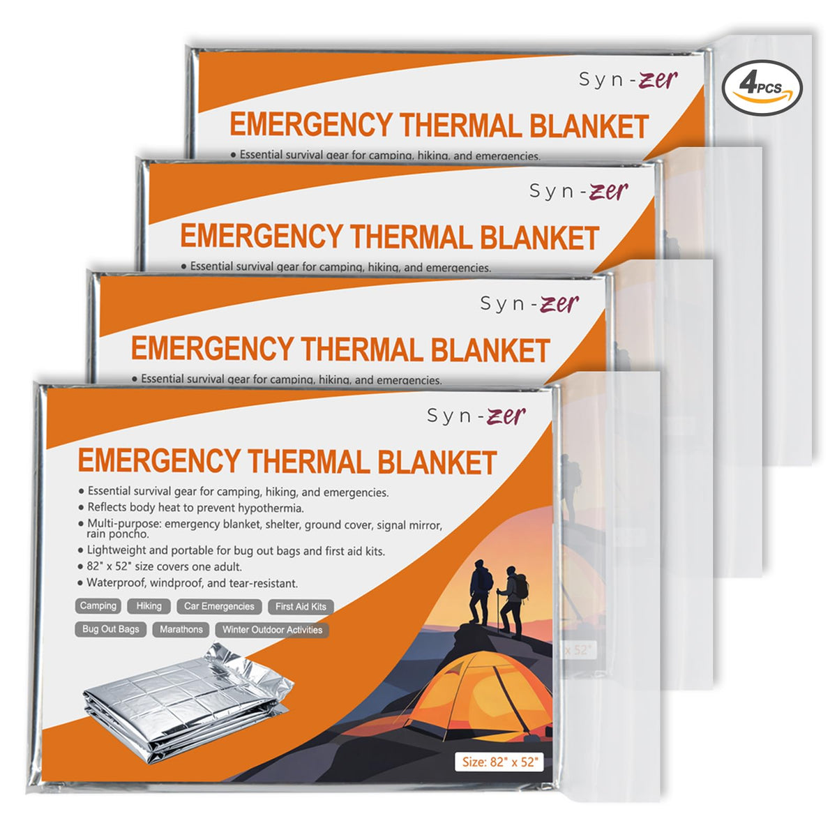 Syn-zer 4-Pack Thermal Mylar Emergency Blankets 82"x52" - Image 1