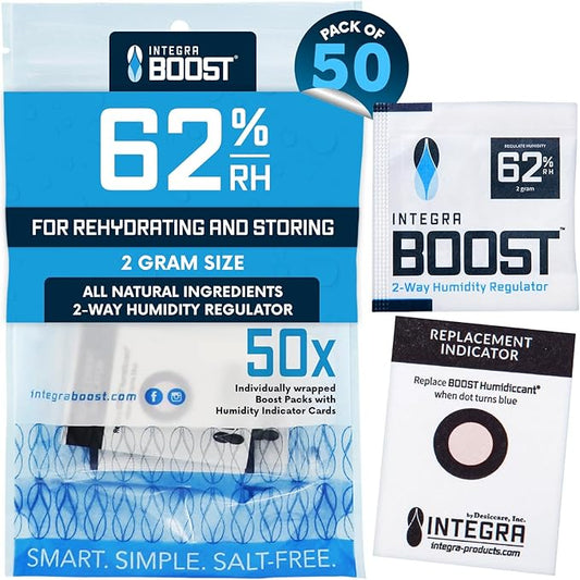 Integra Boost 2-Way Humidity Control Pack – Patented Technology for Humidity Control – Preserve Flavor & Maintain 62% RH – Moisture Absorber for Herbs, Spices & More – 2 Gram (Pack of 50)