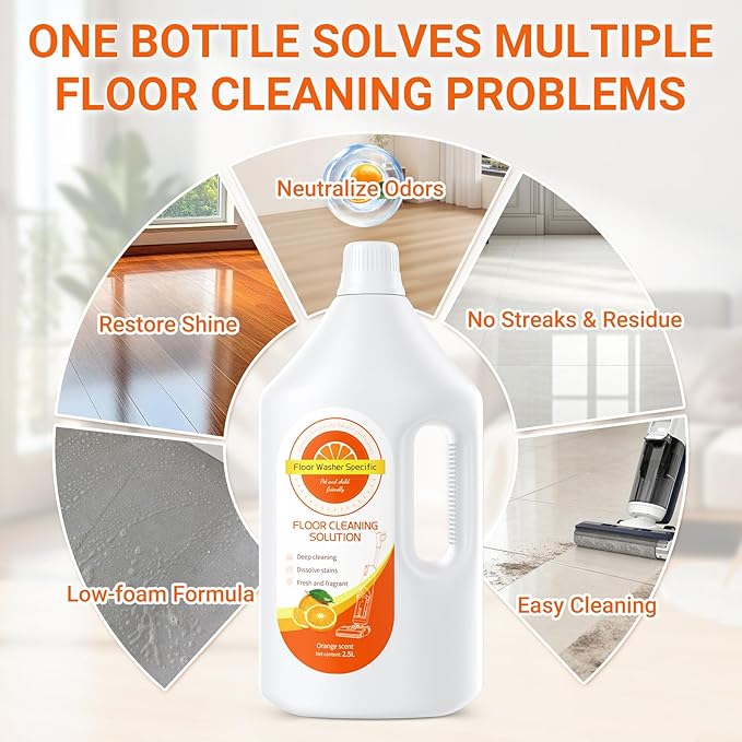 Floor Cleaner Compatible with Tineco Cleaning Solution, Suitable with All Robotic Vacuum Mop and Cordless Wet/Dry Vacuum Mop Cleaner, Multi-Surface Deodorizing & Cleaning Solution (2.5 L, Orange)
