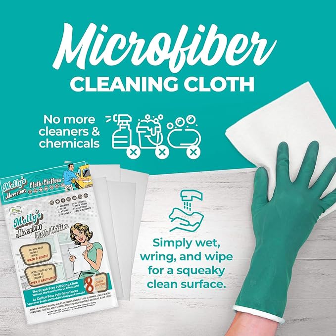 Molly's Marvelous Cloth, Streak-Free, Lint-Free Microfiber Cleaning Cloth, Polishing Cloth for Glass, Stainless Steel, Use for Kitchen, Bath, Cars, Detailing, Reusable (8pk, White)