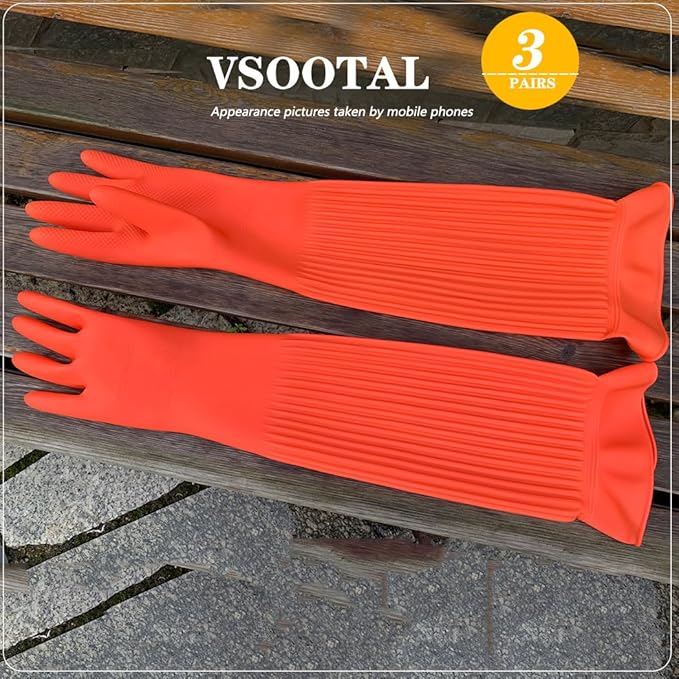 3 Pairs Household Extra Long Kitchen Gloves for Washing Dishes，20.05inches Rubber Cleaning Gloves，Reusable Latex Living Wash Gloves，Long Sleeves(Medium, Red)