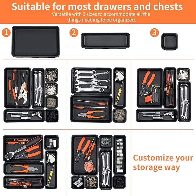 45 Pack Tool Box Organizer Tray Divider, Toolbox Desk Drawer Organizer,Garage Organization Storage for Rolling Tool Chest Cart Cabinet Workbench Workshop Small Parts Widget Tool Organizer Black