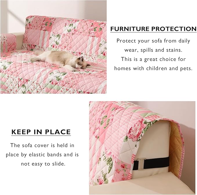 Skidproof Sofa Cover-Floral Sofa Slipcover with Elastic Straps-Easy Fit Slip Cover-Washable Furniture Protector for Pets and Kids(Recliner,Pink)