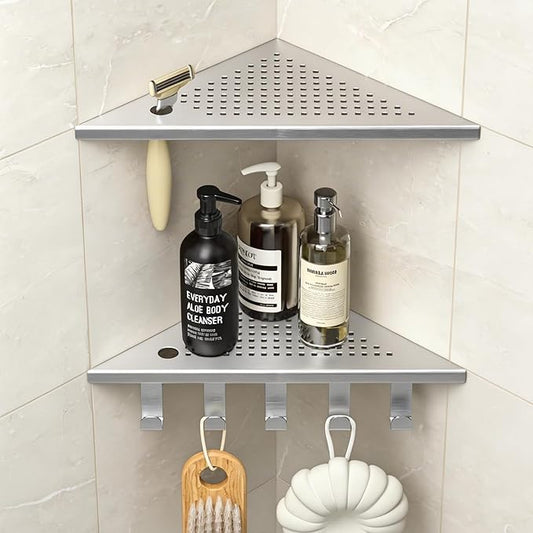 Grout in Shower Shelves with Hooks, 304 Stainless Steel Corner Bathroom Shelf for Tiled Wall (Brushed, 10'' x 10'')