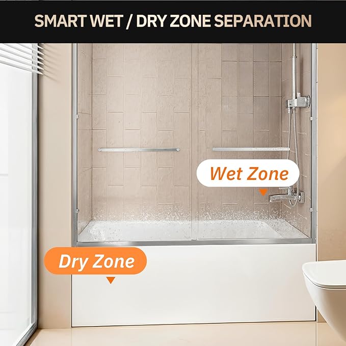 Tub Shower Door, 56-60" W x 57" H Semi-Frameless Bypass Double Sliding Bathtub Door with 1/4 inch Clear Tempered Glass for Walk in Shower, Chrome