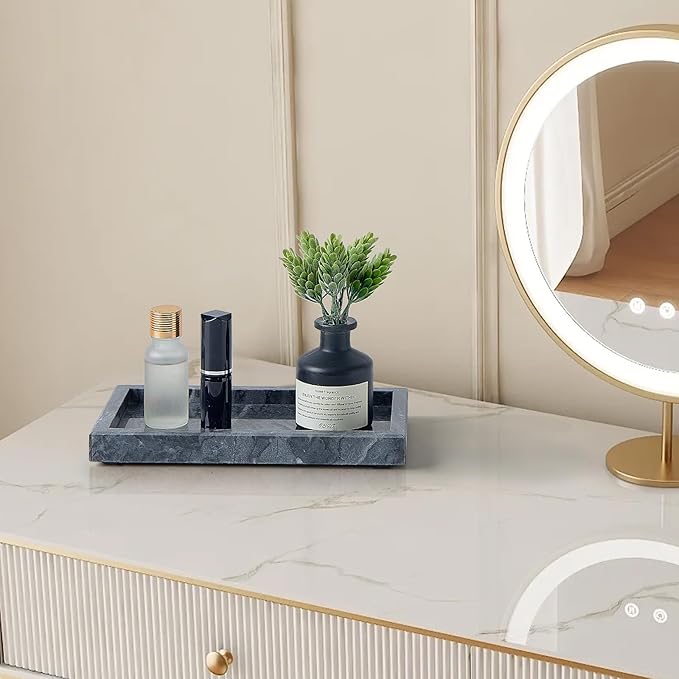 Natural Small Marble Vanity Tray, Luxury Stone Organizer for Bathroom & Kitchen | Holds Soap Dispenser, Jewelry, Perfume | Non-Resin, Non-Ceramic Décor (Black, Mini (7.9" x 4.3" x 0.78"))