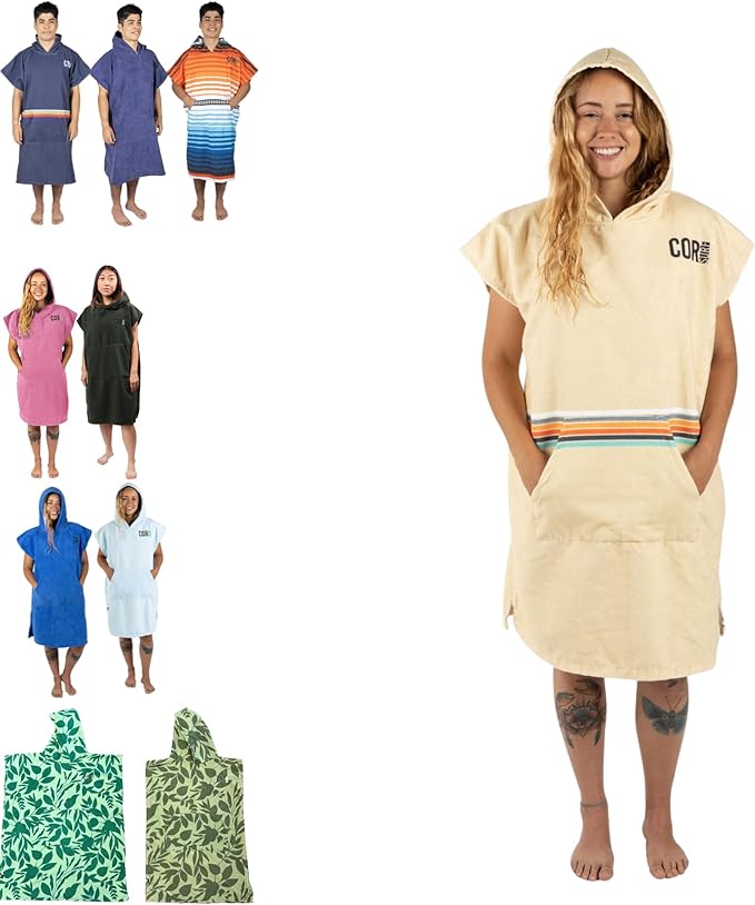 COR Surf Poncho Changing Towel Robe with Hood and Front Pocket | Thick Quick Dry Microfiber Wetsuit Poncho Towel for Surfing Beach Pool Swim (Medium - Retro Sand)