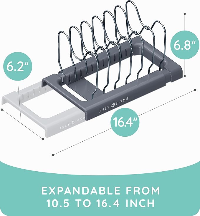 JULY HOME Expandable Pot and Pan Organizer Rack for Cabinet, Pot Lid Organizer Holder with 7 Adjustable Compartments, Cutting Board, Cookware, Bakeware & Frying Rack Organizer for Cabinet (Gray)