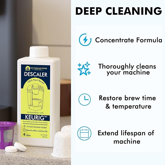 New England Stories Keurig Compatible Descaling Set, 1 Year Cleaning & Maintaining Set, Includes 1 Bottle of Descaler (4 Uses), 12 Cleaning Tablets, 1 Reusable Pod and 6 Water Filters